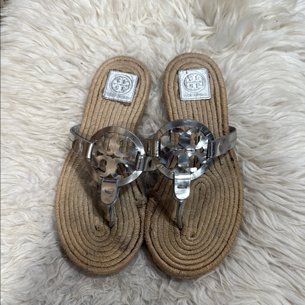 Tory Burch Miller Espadrille Logo In Mirror Metallic‎ Silver Women’s Size 10